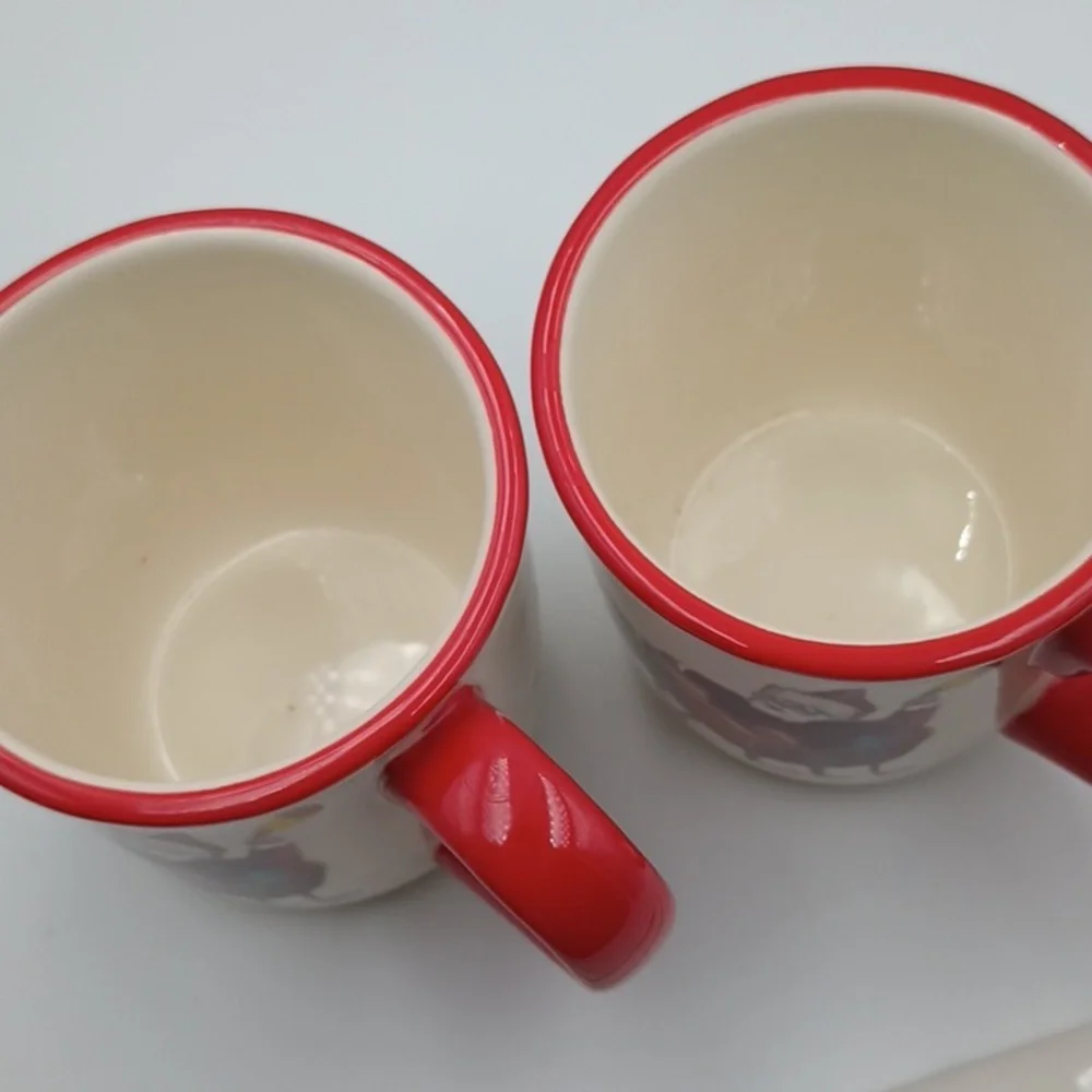 Williams Sonoma Pair Christmas Mugs & Spoons 2011 No Chips Cracks, Some Crazing